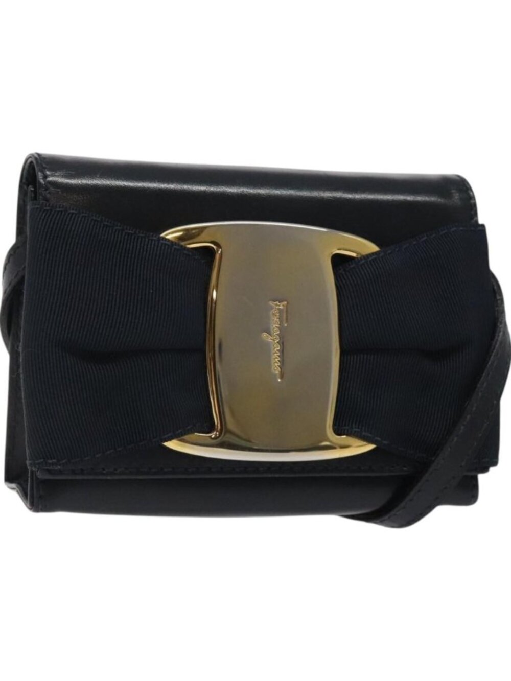 Salvatore Ferragamo Pouch Shoulder Bag Leather Navy Gold